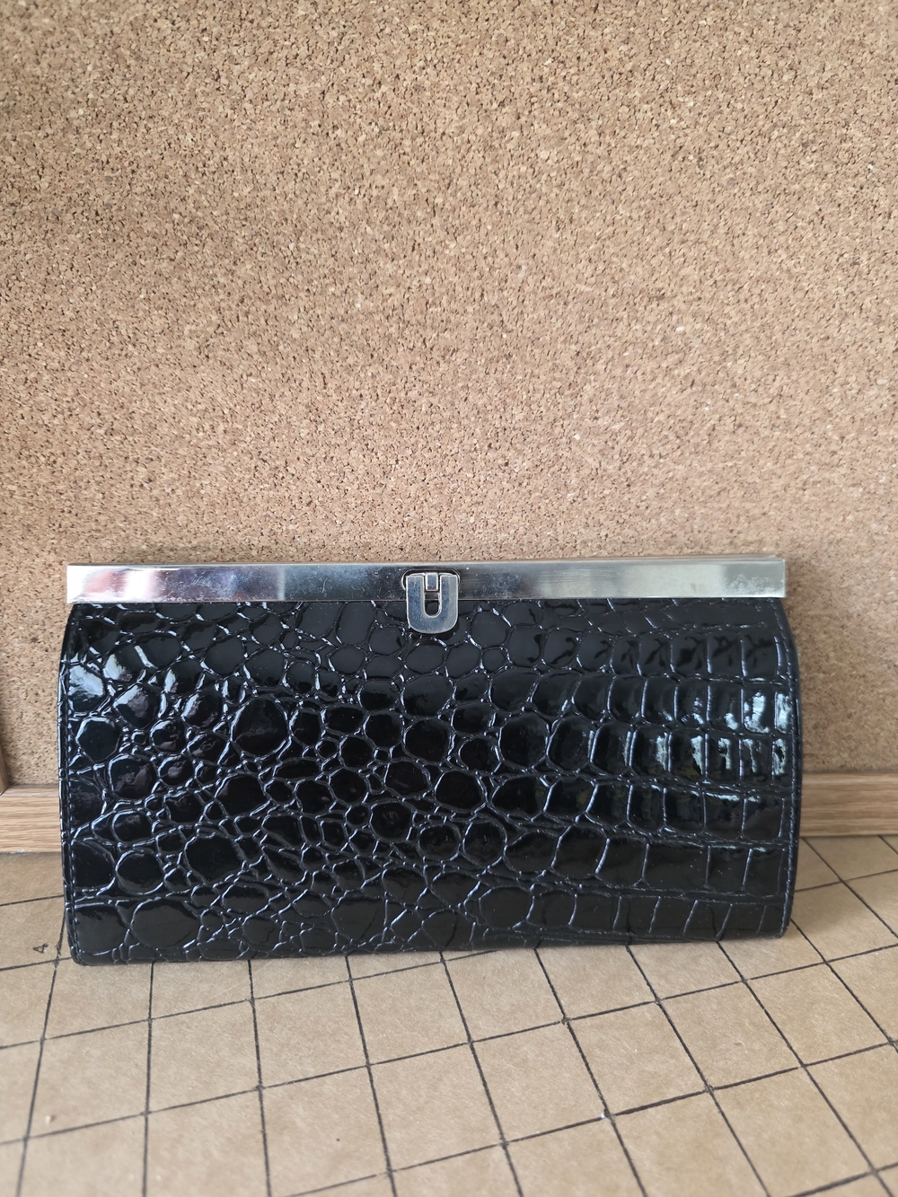 Black Croc‑Embossed Clutch Wallet  Metallic Frame 7.5x4